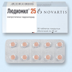Таблетки, покрытые пленочной оболочкой, Людиомил 25 мг